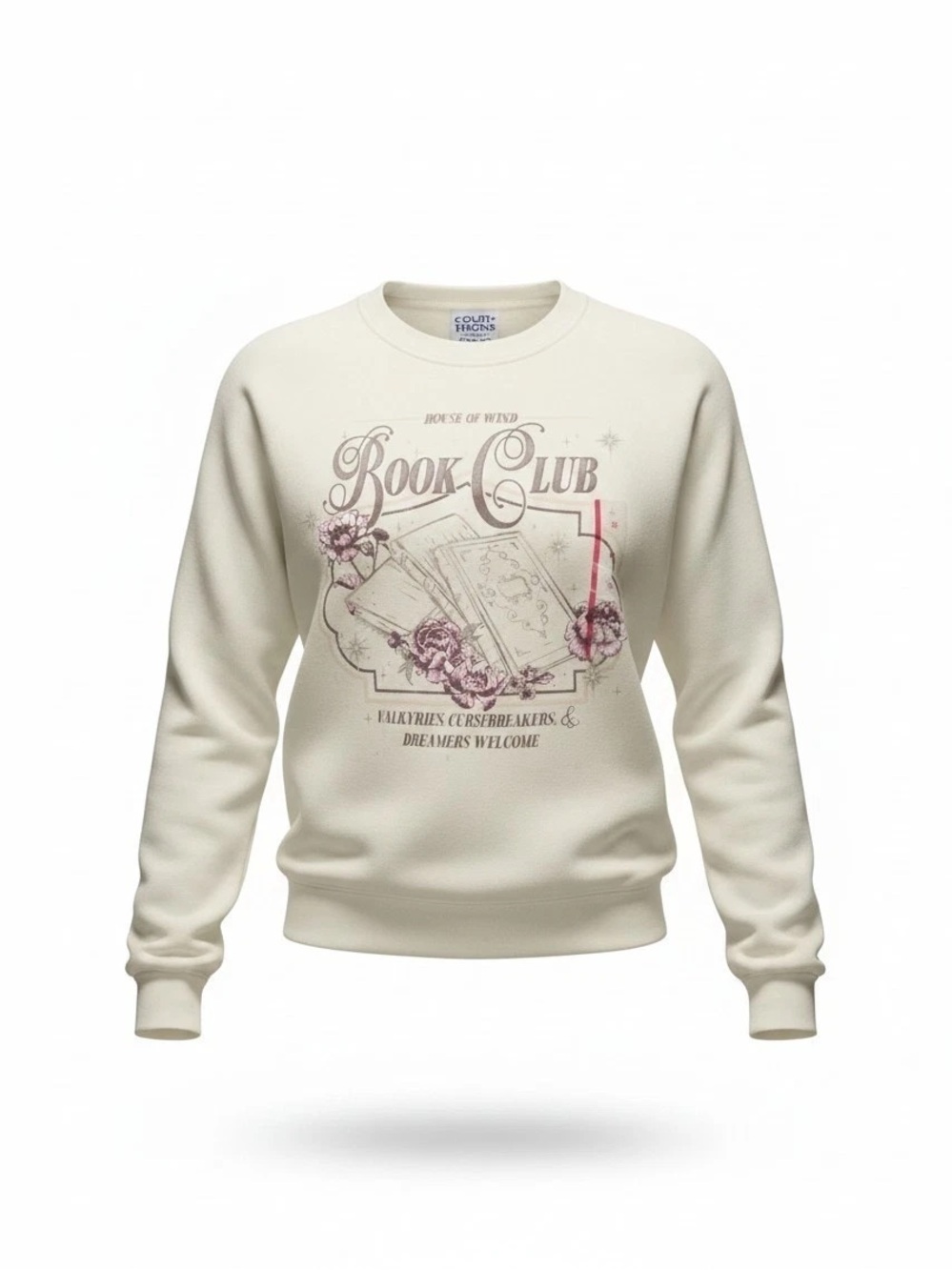 Women’s 'Book Club' Crewneck Sweatshirt - Beige with Pink Floral Print size XS
